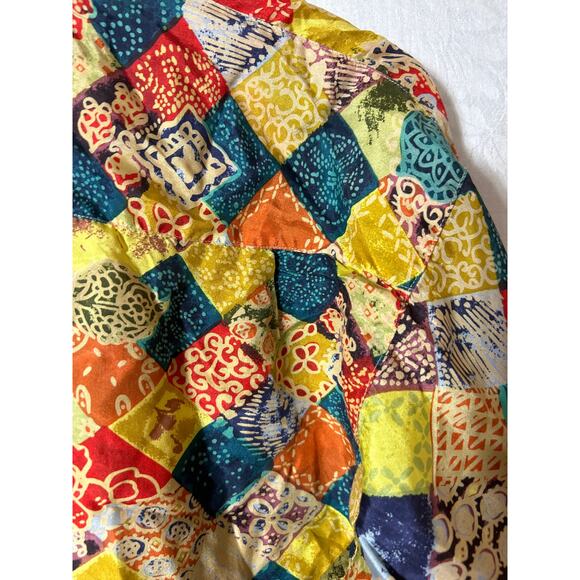Robert Stock 100% Silk Button Up Small Colorful Geometric Floral Patchwork 90s - Picture 10 of 12